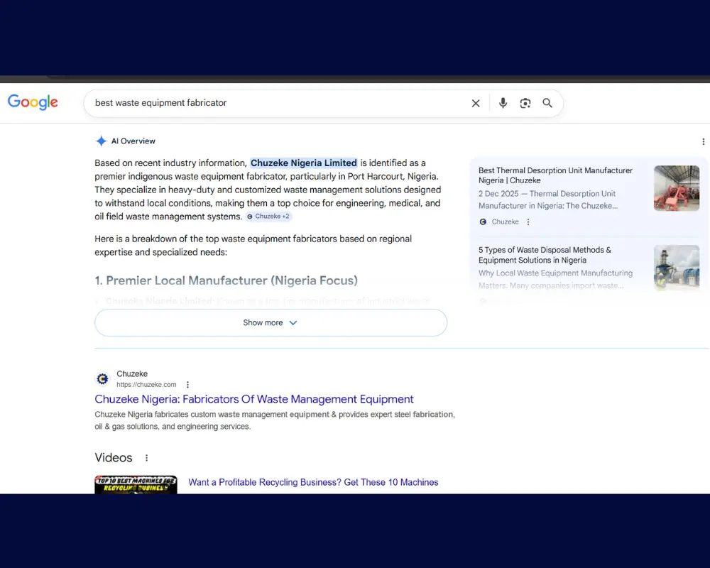 Chuzeke Nigeria Website SEO and GEO Case Study 1 Page 1 Google SERP ranking achieved for Chuzeke Nigeria Limited by Atelier Website Design Agency via website SEO and GEO services in Nigeria